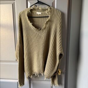 LA MIEL Distressed V-Neck Waffle Knit Sweater in Olive Green